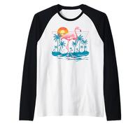 Flamingo Tropical Beach Vibes Palm Tree Sunset Summer Vibes Raglan Baseball Tee