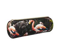 Flamingo Tropical Wildlife Printed Cylindrical Leather Pencil Case for Girls Boys, Gold Zipper Pencil Bag Pen Pouch Organizer for Student School Office College