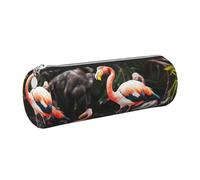 Flamingo Tropical Wildlife Printed Cylindrical Leather Pencil Case for Girls Boys, Silver Zipper Pencil Bag Pen Pouch Organizer for Student School Office College