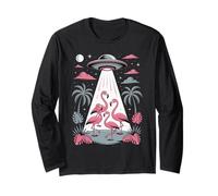 Flamingo UFO Alien Abduction Illustration Sci-Fi Art Graphi Long Sleeve T-Shirt