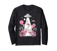 Flamingo UFO Alien Abduction Illustration Sci-Fi Art Graphic Long Sleeve T-Shirt