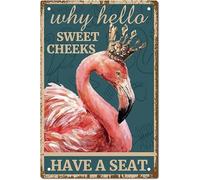 Flamingo Vintage Sign Metal Tin Sign Wall Art Decor Why Hello Sweet Cheeks Retro Painting Poster Plaque Decor for Bathroom Kitchen Cafe Wall Halloween 12 x 8 Inch