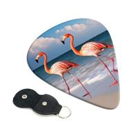 Flamingo Walking on The Beach Guitar Picks 6 Pack with Leather Guitar Pick Holder Keychain, Plectrum Key Fob Cases Bag, Abstract Art Plectrum for Acoustic Electric Guitar, Ukulele 0.46mm