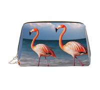 Flamingo Walking on The Beach Makeup Bag for Women Cosmetic Bags Leather Travel Makeup Case Organizer Waterproof Make up Pouch Open Flat Toiletry Bag Portable Storage Pouch for Travelling, Gold, One