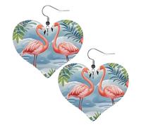 flamingo watercolor Leather Earrings for Women Heart Earring Lightweight Dangle Drop Earring Set Jewelry Gift, One Size, No Gemstone
