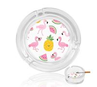Flamingo Watermelon Pineapple Ashtray Portable 3.3in, Round Crystal Glass Ashtray with 3 Cigarette Holders & Anti-Slip Base, Decorative Ash Trays for Desk, Car, Office, Home