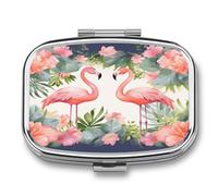 Flamingos and Flowers Pill Box 2 Compartment Small Square Pills Case Portable for Pocket Pill Organizer Travel Metal Pill Holder for Office Home Vitamin Medicine Fish Oil