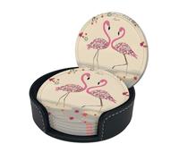Flamingos And Flowers Print Round Leather Coasters - Set Of 6, Ultra-Fiber Pu Leather