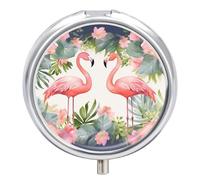 Flamingos and Flowers Round Pill Box 3 Compartment Small Pill Box Round Portable Pill Case to Hold Vitamins Medication Fish Oil and Supplements Travel Purse Pocket Gift