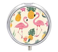 Flamingos and Pineapples Travel Pill Box Case 3 Compartment Cute Pill Organizer Metal Pill Holder with Mirror Small Medicine Organizer Daily Pill Container for Purse Pocket Portable Meds Box
