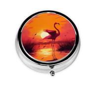 Flamingos by The Lake at Sunset Printed Round Pill Organizer with 3 Compartments, Portable Mini Pill Box Pill Case for Medicine, Vitamin, Fish Oil, Supplements