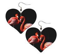 Flamingos in black background Leather Earrings for Women Heart Earrings Lightweight Dangle Drop Earrings Cute Jewelry Gift