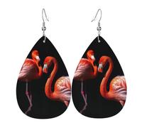 Flamingos in black background Leather Earrings for Women Teardrop Earrings Lightweight Dangle Drop Earrings Cute Jewelry Gift