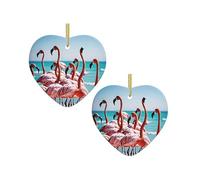 Flamingos on the Beach -Print Custom Heart Acrylic Ornament Gold Lanyard, For Christmas Wedding Decor, Bulk Gifts & Party Supplies.