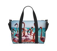 Flamingos On The Beach Print Large Travel Duffel Bag Foldable Lightweight Weekender Bags, Carry On Overnight Tote Bags, Gym Duffel Bags Hospital Bags Yoga Bags For Women Men, Black, One Size