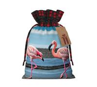 flamingos on the beach Printed Gift Bags with Drawstring - Christmas Party Holiday Sacks - Festive Pouches for Goodie, Treats