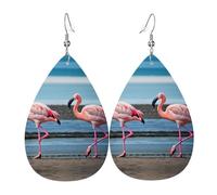 flamingos on the beach Printed Teardrop Leather Earrings, Fashion Water Drop Dangle Accessory for Holiday Party
