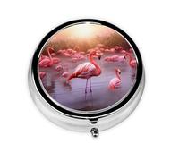 Flamingos Round Pill Box - Full Print Design, Metal Electroplated Compact Medicine Case for Travel, Fits Pockets & Wallets