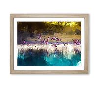 Flamingos Taking Flight In Abstract Modern Art Framed Print | A3 Oak Framed Wall Art | Ready to Hang | Abstract Animal Picture | Living Room Bedroom Lounge Office