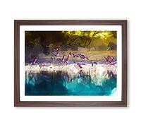 Flamingos Taking Flight In Abstract Modern Art Framed Print | A3 Walnut Framed Wall Art | Ready to Hang | Abstract Animal Picture | Living Room Bedroom Lounge Office