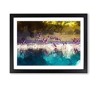 Flamingos Taking Flight In Abstract Modern Art Framed Wall Art Print, Ready to Hang Picture for Living Room Bedroom Home Office Décor, Black A3 (46 x 34 cm)