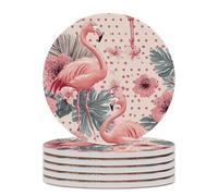 Flamingos Tropical Flowers Polka Dots Round Ceramic Coasters Non-Slip Cork Base Drinks Holder Craft 6PCS