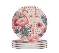 Flamingos Tropical Flowers Polka Dots Round Ceramic Coasters Non-Slip Cork Base Drinks Holder Craft 4PCS