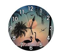Flamingos Walk On The Beach Wall Clock Battery Operated Silent Non Ticking Round Clock Art Wall Decor for Home, Office, School 9.8 Inch