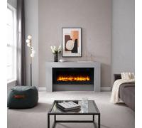 Flamme Carmaux 63" Led Freestanding Electric Fireplace, 3 Led Flame Colours, 2Kw Heater, Log Set Or Crystal Fuel Bed, Cement Grey