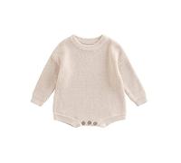 Flamosisi Baby Boys Girls Knitted Bodysuit Solid Color Romper Long Sleeve Round Neck Solid Color Knit Ruffled Bodysuit Infant Fall Winter Warm Chunky Knitted Jumpsuit Sweater (Beige, Newborn)