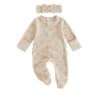 Flamosisi Baby Girl Rose Ruffle Bodysuit Long Sleeve Round Neck Flower Bow Print Zip Up Ruffle Jumpsuit with Bow Headband 2 Piece Floral Footed Romper Set Newborn Girl One Piece Bodysuit