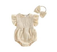 Flamosisi Baby Girls Summer Outfit Solid Color Ruffle Bodysuti Flying Sleeve Flutter Round Neck Solid Color Ruffle Romper Bow Headband 2 Piece Summer Set Baby Cute Overall Outfits
