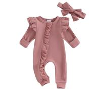 Flamosisi Infant Baby Girl Autumn Jumpsuit Solid Color Ruffle Romper with Bow Headband Long Flying Sleeve Round Neck Ruffled Ribbed Jumpsuit+Headband Newborn 2 Piece Fall Bodysuit Set (Pink, Newborn)