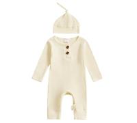 Flamosisi Newborn Baby Romper Long Sleeve Crew Neck Solid Color Button Ribbed Knit Jumpsuit with Hat Infant Boys Girls Solid Color One Piece Bodysuit Newborn Coming Home Outfit (Beige, 0-3 Months)