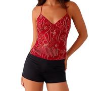 Flamosisi Women's Summer Sequin Camisole Sleeveless V-Neck Backless Flower Embellished Halter Low Cut Straps Tank Tops Spaghetti Strap Cami Vest Trendy Going Out Tops Red