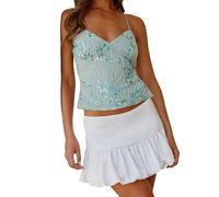 Flamosisi Women's Summer Sequin Camisole Sleeveless V-Neck Backless Flower Embellished Halter Low Cut Straps Tank Tops Spaghetti Strap Cami Vest Trendy Going Out Tops Green