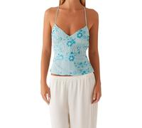 Flamosisi Women's Summer Sequin Camisole Sleeveless V-Neck Backless Flower Embellished Halter Low Cut Straps Tank Tops Spaghetti Strap Cami Vest Trendy Going Out Tops Blue