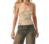 Flamosisi Women's Summer Sequin Camisole Sleeveless V-Neck Backless Flower Embellished Halter Low Cut Straps Tank Tops Spaghetti Strap Cami Vest Trendy Going Out Tops Beige