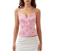 Flamosisi Women's Summer Sequin Camisole Sleeveless V-Neck Backless Flower Embellished Halter Low Cut Straps Tank Tops Spaghetti Strap Cami Vest Trendy Going Out Tops Pink
