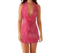 Flamosisi Women's Summer Y2K Sparkly Glitter Dress Sparkly Sequins Halter Neck Tank Skirt Sexy Deep V Neck Tie Backless Summer Dress for Club Party Rosered