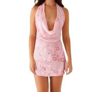 Flamosisi Women's Summer Y2K Sparkly Glitter Dress Sparkly Sequins Halter Neck Tank Skirt Sexy Deep V Neck Tie Backless Summer Dress for Club Party Pink