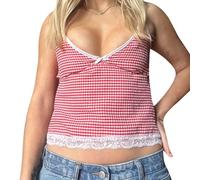 Flamosisi Women's Y2K Plaid Tank Tops Summer Spaghetti Strap Deep V Neck Plaid Lace Trim Cami Vest Red Checkered Gingham Camisole Summer Sleeveless Lace Crop Top Streetwear
