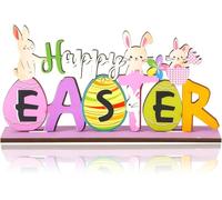 Flankor Easter Table Decorations, Handmade Easter Wooden Table Core Kit, Reversible Happy Easter Logo with Bunny and Carrot Design, Country Farmhouse Table Decoration