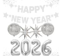 Flankor New Years Eve Decorations 2026 - Glitter Silver Happy New Year Banner with Balloons for 2026 Eve Party Background Supplies