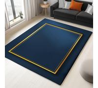 Flannel Area Rug, Modern Dark Blue Gold Frame Carpet, Soft Durable Floor Mat for Lounge and Bedroom, Minimalist Luxury Decor, 80 x 150 cm