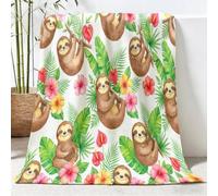 Flannel Blanket 130x150 cm, Soft Comfortable Animals Sloths Flowers Green Leaves Printed Blankets, Fluffy Cozy Fleece Throw Warm Cute Watercolour Sofa Blanket for Beds Couch And Travel