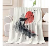 Flannel Blanket 200x220 cm, Soft Comfortable Japanese Style Exquisite Sun Torii Printed Blankets, Fluffy Cozy Fleece Throw Warm Black Red Sofa Blanket for Beds Couch And Travel
