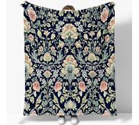 Flannel Blanket 220 x 240 cm for Couch Sofa Super Soft Fluffy Lightweight 3D William Morris Flowers Leaves Fleece Blanket Suitable Bedroom Sofa Camping Dark Blue Blanket for All Seasons