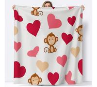 Flannel Blanket Cartoon Monkey Love Heart Warm Soft Cosy Flannel Sherpa Blankets, White Fleece Throw Plush Blanket, for Adults Sofa Bed Couch Blankets 220 x 240 cm