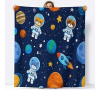 Flannel Blanket Cartoon Space Animal Astronaut Planet Fleece Blankets 220 x 240 cm Warm Super Soft Blanket, Dark Blue Soft Anti Pilling Throw Sherpa Blankets, For Adults & Kids